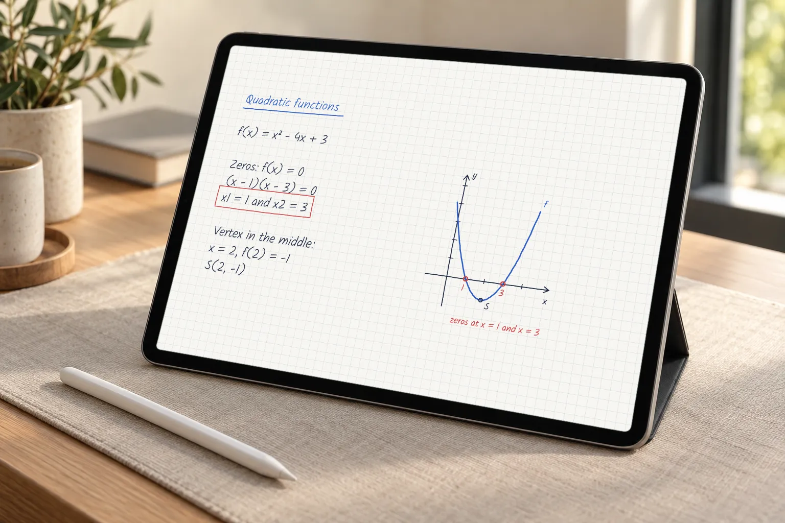 Math notes with a parabola sketch, on grid paper